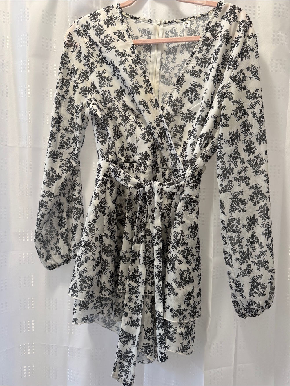 Women's Black Floral Wrap Blouse Romper - Lightweight Long Sleeve